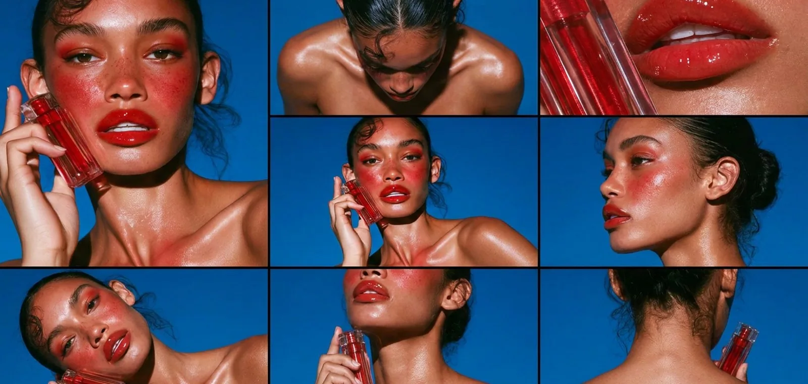 A beauty editorial collage: a model with glossy red lips and a lip oil tube photographed from multiple camera angles on a saturated blue field